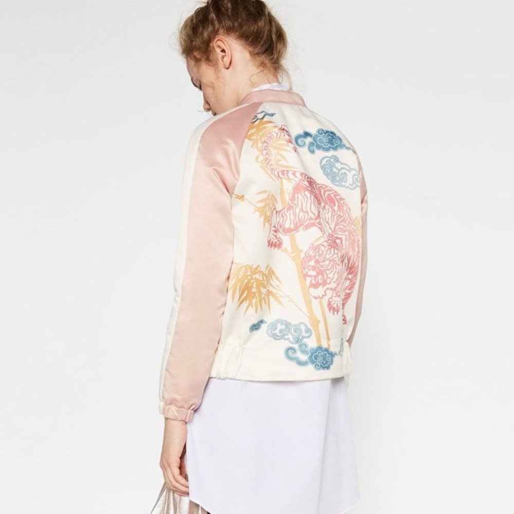 Zara Pink & White Satin Tiger Bomber Jacket